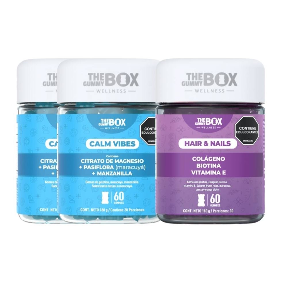 COMBO :  Citrato de Magnesio x2 + Colágeno y biotina. THE GUMMY BOX TARRO X 60 GOMITAS x 3 Relájate y luce increíble con este combo ideal para el bienestar total. Incluye 2 frascos de Calm Vibes, gomitas diseñadas para ayudarte a reducir el estrés y mejorar tu estado de ánimo, y 1 frasco de