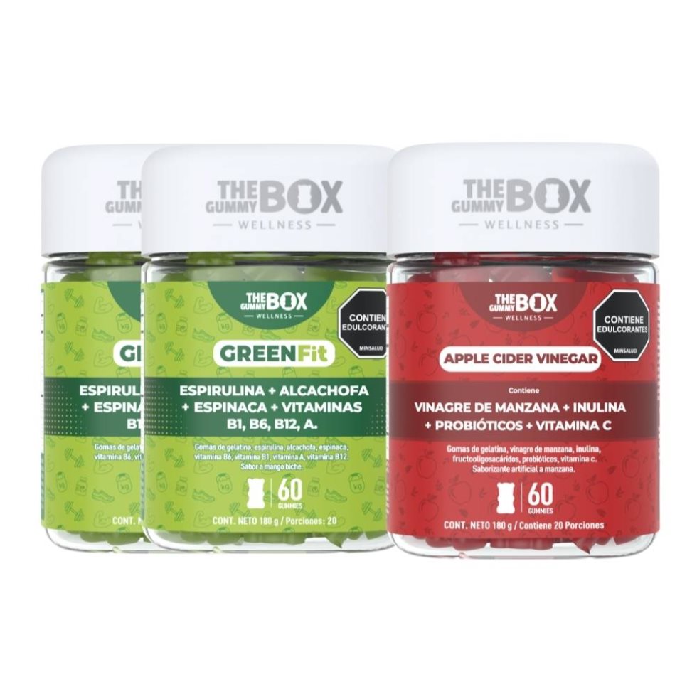 COMBO : Batido verde en gomitas x2 + Vinagre de manzana , fibra prebiótica e inulina.  THE GUMMY BOX TARRO X 60 GOMITAS x 3 Activa tu metabolismo y apoya tu digestión con este combo saludable. Contiene 2 frascos de Green Fit, gomitas formuladas para ayudarte a controlar el apetito y mantener tu energía, junto con 1 frasco 