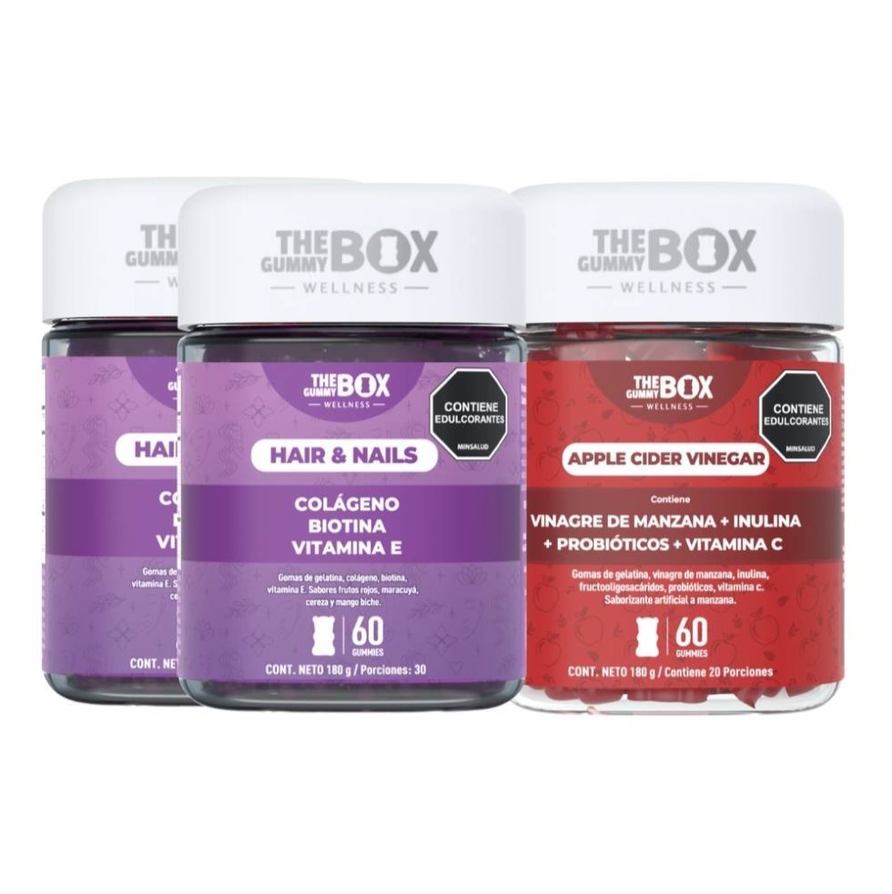 COMBO : Colageno y Biotina con Vitamina E x2 + Vinagre de manzana . Fibra prebiótica e Inulina en gomitas.  THE GUMMY BOX TARRO X 60 GOMITAS x 3 Cuida tu cabello desde el interior y mejora tu bienestar digestivo con este combo ideal. Incluye 2 frascos de Hair Vitamins, formulados para fortalecer, nutrir y estimular el crecimiento del cabello, 