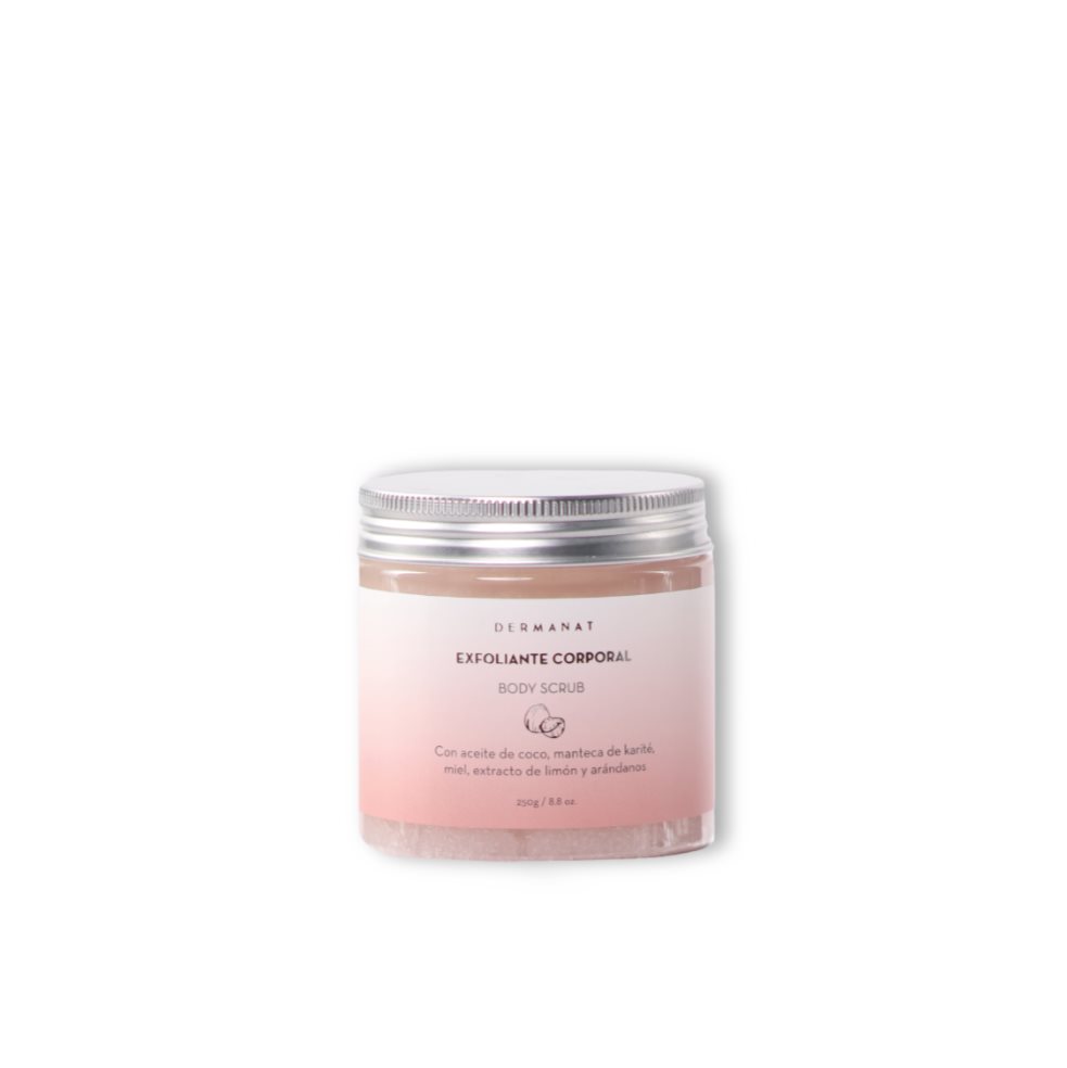 Body Scrub – Exfoliante Corporal Dermanat 250 gr x 1 Limpia y exfolia tu piel con esta mezcla antioxidante y nutritiva de aceite de coco, manteca de karité, miel, extracto de limón y arándanos, que hidrata y nutre tu piel mientras la exfolia suavemente