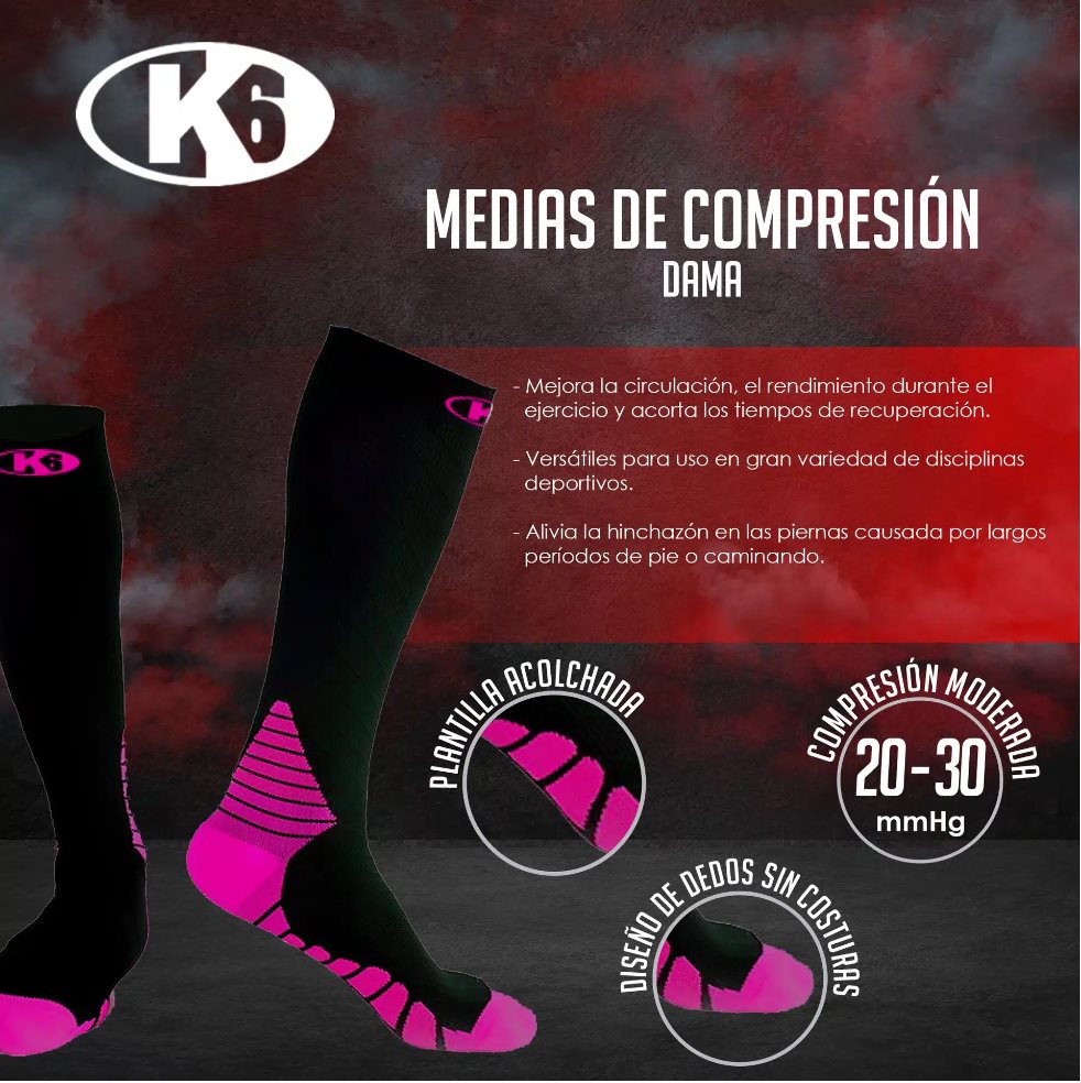 Medias de Compresión Completas K6 Running Dama - Talla L K6 CAJA x 1 Para que mejores la circulación, el rendimiento durante el ejercicio y acortes los tiempos de recuperación, llegan las medias de compresión K6. Un modelo versátil que podrás usar para muchísimas disci
