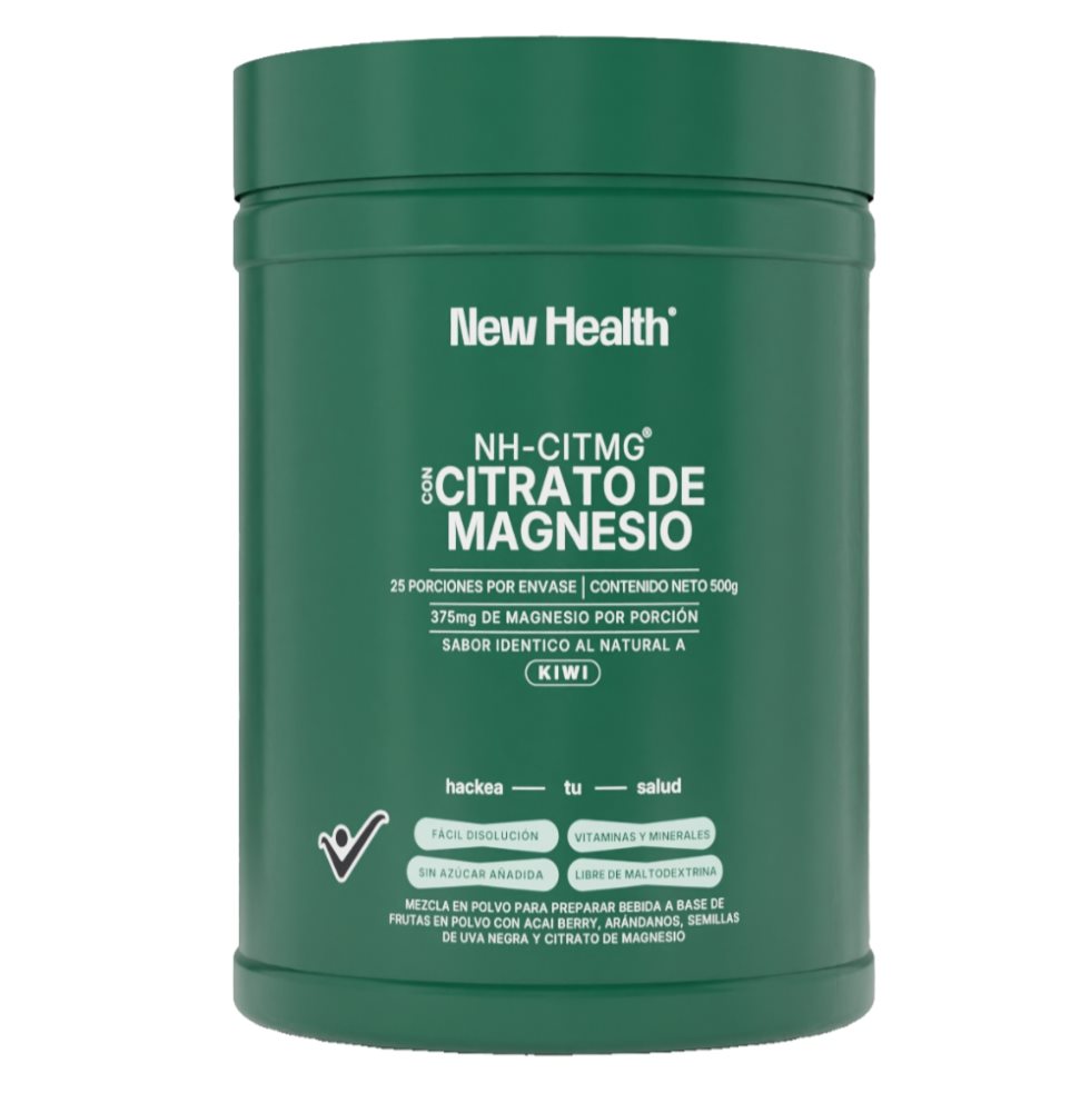 Citrato de Magnesio Kiwi NEWHEALTHx 500gr Newhealth Tarro x 500 gr x 1 und Citrato de Magnesio sabor Kiwi NEWHEALTH es una mezcla en polvo para preparar bebidas con Acai Berry, Arándanos y Semillas de Uva Negra que ayudan a combatir el cansancio, ansiedad, dolores músculares