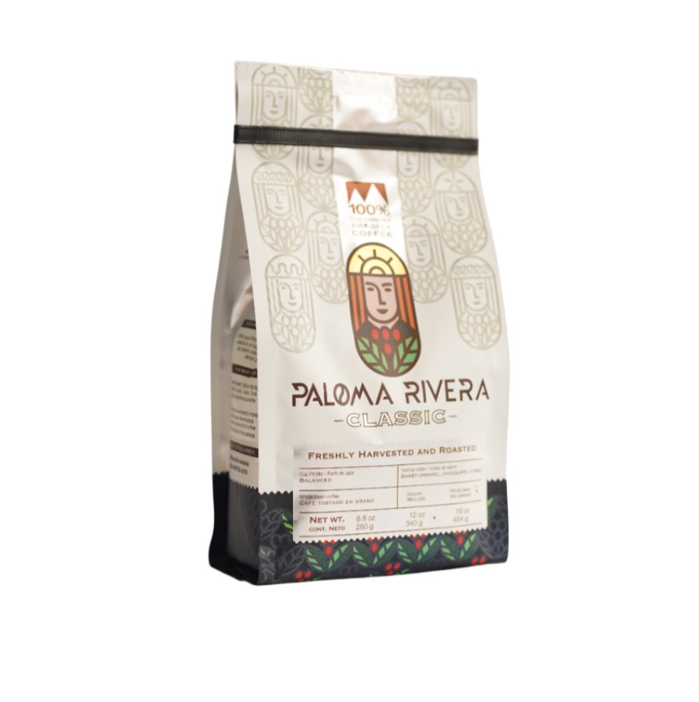 Café Calssic Molido  Paloma Rivera 250gr x 1 und  Disfruta el auténtico sabor del café colombiano con Paloma Rivera Classic, una mezcla 100 % arábica cultivada en las montañas de Caldas. Su tueste medio resalta un equilibrio perfecto entre cuerpo, ac