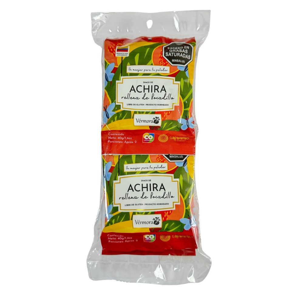 Sixpack Achira Rellena De Guayaba  Vérmora 40gr x 6 und Sixpack de Achiras rellenas de bocadillo VÉRMORA, elaboradas en harina 100% de sagú, libres de glúten y horneadas. Úsalo como snack o topping para tus mejores preparaciones.