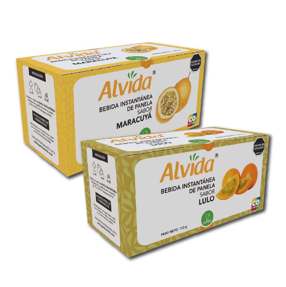 Aromática Alvida Panela Maracuyá y Lulo X 6 Gr Display X 22 Unds Pack X 2 (Una Caja de Maracuyá y Una Lulo) Alvida Display x 22 Aromática Alvida Panela Maracuya X 6 Gr Display X 22 Unds