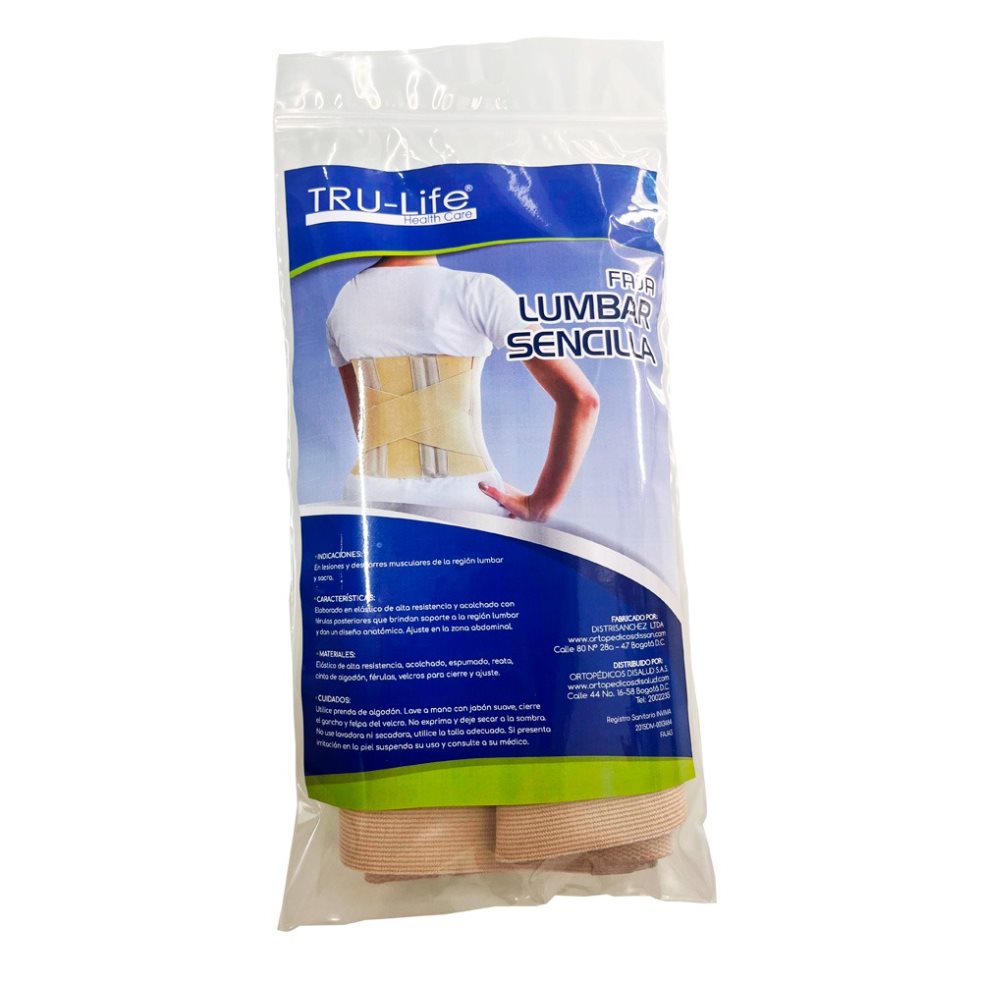 FAJA LUMBOSACRA SENCILLA TALLA XL TRULIFE BOLSA x 1 Ayuda en la región lumbosacra, parte baja de la espalda y los músculos abdominales, mejora la estabilidad muscular de la columna lumbar y de la unión toracolumbar, lesiones musculares, desgarres.