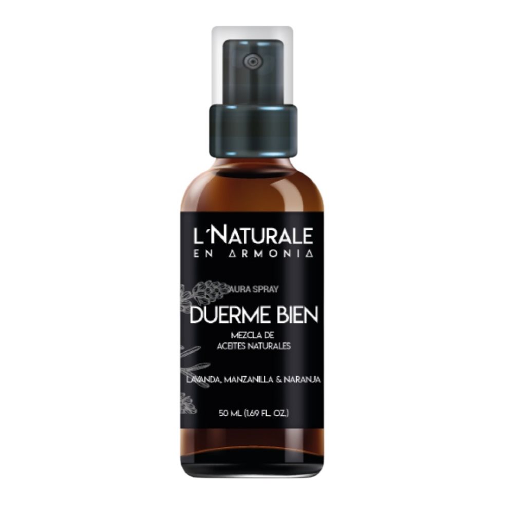 AURA SPRAY DUERME BIEN 50ML NATTURALE AURA SPRAY DUERME BIEN 50ML x 1 UNA MEZCLA AROMÁTICA CREADA PARA INVITAR A LA PAZ, EL EQUILIBRIO Y LA RELAJACIÓN PROFUNDA. LA LAVANDA ES TRADICIONALMENTE VALORADA POR SU AROMA RELAJANTE, ASOCIADO A CREAR UN ESTADO DE CALMA Y SERENID