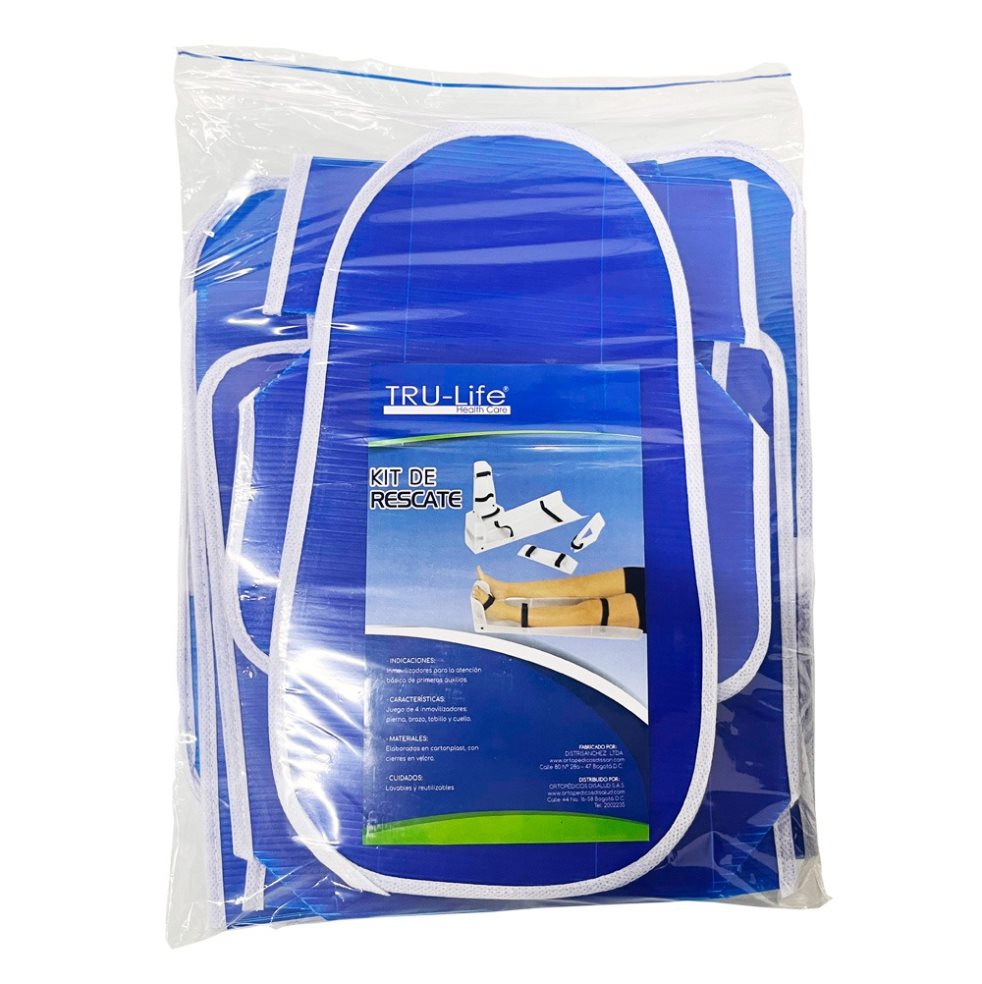 KIT DE RESCATE ADULTO CARTON PLAST (5 PIEZAS) TRULIFE BOLSA x 5 Kit de férulas inmovilizadoras de 5 pz (cuello, brazo, antebrazo, pierna, tobillo).  Elaborado en cartonplast con velcro y broche de sujeción.