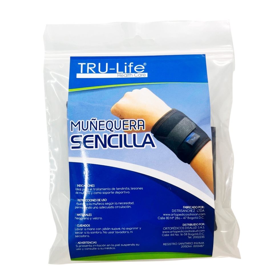 MUÑEQUERA SENCILLA  TRULIFE BOLSA x 1 Con férula para dar soporte palmar y férula lateral para mantener el pulgar en abducción, ajuste por medio de velcros.