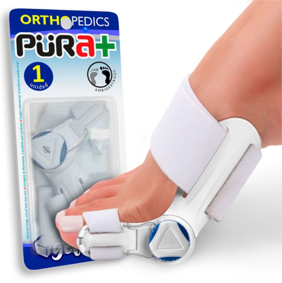 Corrector de Juanete Premium PURA+ Empaque por 1 unidad. Talla adaptable, unisex y ambidiestro. Incluye correa de dedo y correa de arco de repuesto. x 1