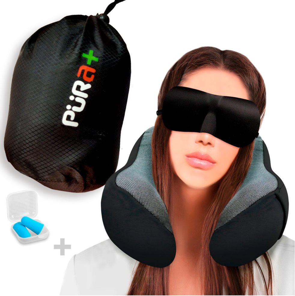 Kit Viajero Confort Pura+ Estuche de almacenamiento. Incluye 3 piezas: almohada cervical, antifaz y tapones x 3