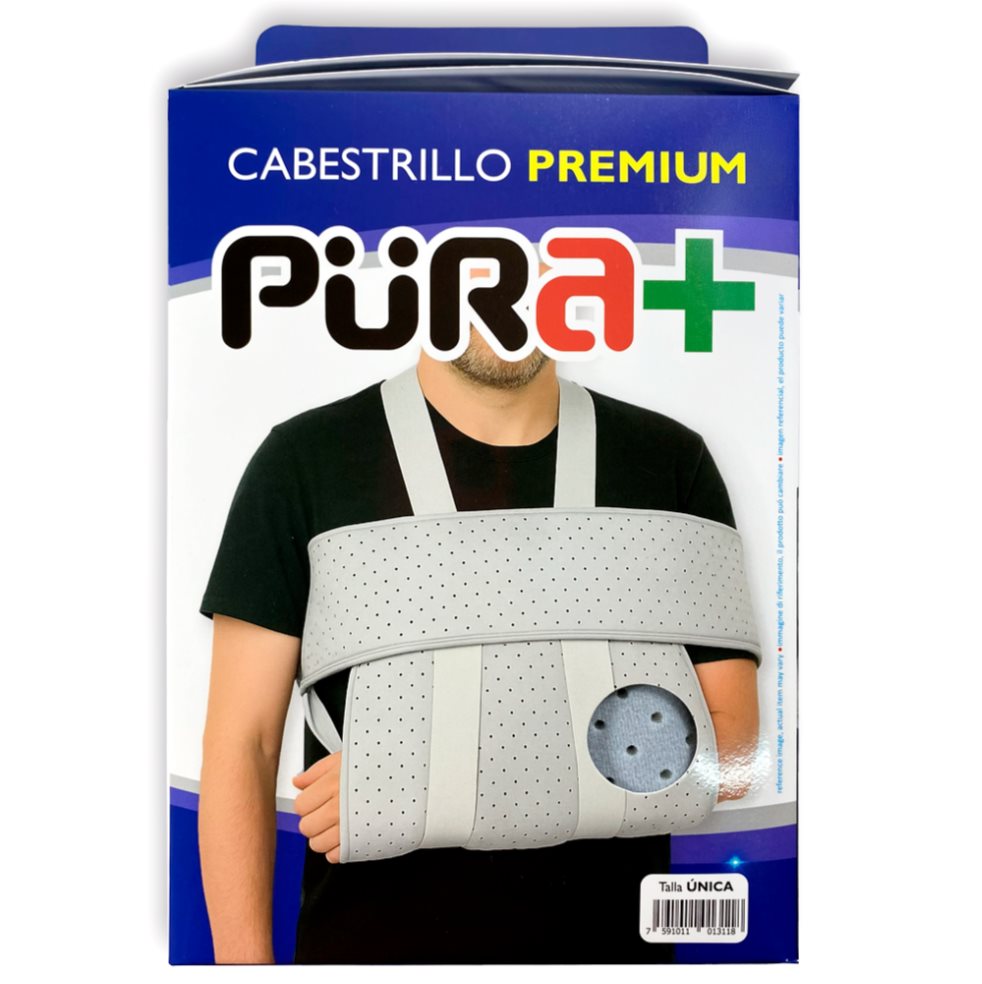 Cabestrillo Premium Adulto PURA+ Caja x 1 Artículo de ortopedia para soporte y corrección de lesiones específicas, deficiencias ortopédicas, fracturas, deformidades e incapacidades corporales. Diseño ergonómico con materiales hipo-alergenicos
